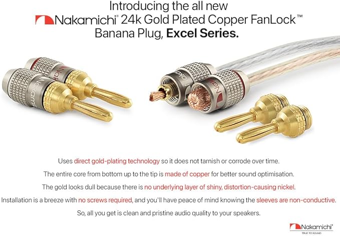 Nakamichi FanLock Excel Series 24k Gold Plated Banana Plugs 10 AWG - 18 AWG Gauge Size 4mm for Speakers Amplifier Hi-Fi Stereo Home Theatre Radio Audio Wire Cable Quick Connector, 10 Pcs (5-Pairs)