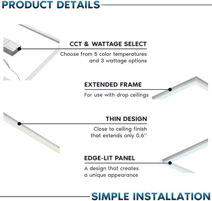 LUXRITE 2x2 FT Edge-Lit Frame LED Panel Lights, 5CCT Selectable 3000K-6500K, 2600/3900/5200LM, 20W/30W/40W Switch, Grid Drop Ceiling Lights, 0-10V Dimmable, Damp Rated, 100-277V, ETL Listed