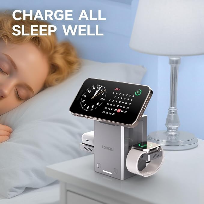 LOBKIN 3 in 1 Charging Station, Qi2 15W Foldable Intelligent Fast Wireless Charging Station,MagSafe Charger Stand for iPhone 16/15/14/13, Airpods, Apple Watch