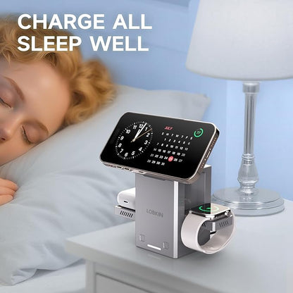 LOBKIN 3 in 1 Charging Station, Qi2 15W Foldable Intelligent Fast Wireless Charging Station,MagSafe Charger Stand for iPhone 16/15/14/13, Airpods, Apple Watch