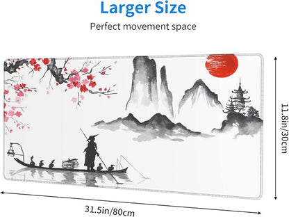 Japan Traditional Painting Extended Big Mouse Pad Large,XL Gaming Mouse Pad Desk Pad,31.5x11.8inch Long Computer Keyboard Mouse Mat Mousepad with 3mm Non-Slip Base for Home Office Work-Boating Sunset