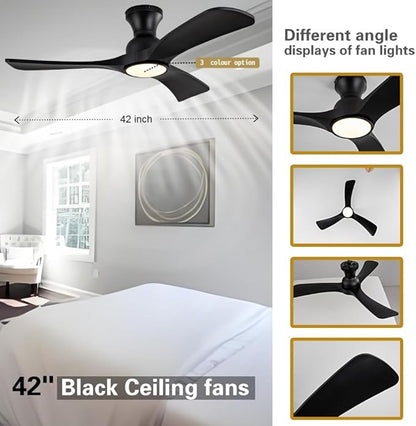 Ceiling Fans with Lights, 42 Inch Low Profile Ceiling Fan with Light, Flush Mount Celing Fan, 3CCT 3 Blades Wood Fans,Walnut Fan for Kid's Rooms Bedroom Study Garage (Black Ceiling Fan)