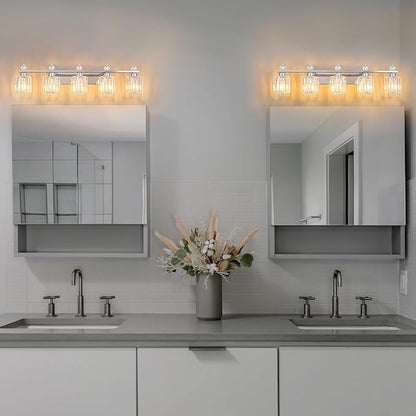 FDPBY Bathroom Vanity Lights 5-Light Chrome Modern Crystal Vanity Light Fixtures Over Mirror Crystal Bathroom Vanity Lighting Fixtures
