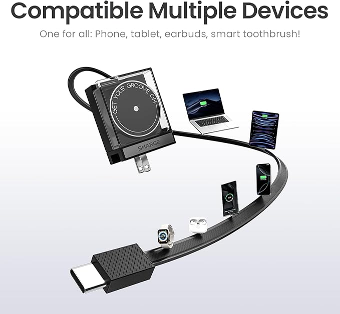 Retractable 65W USB C Charger, GaN Power Wall Charger with Retractable Cable, 2 Devices PD Fast Charging for MacBook Pro/Air, iPhone 16,Pixel Book, iPad Pro Black