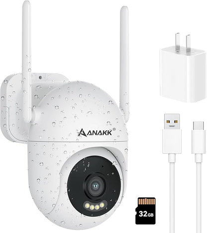 Anakk Outlet Powered Outdoor Security Camera with SD Card, 2.4Ghz/5Ghz WiFi Home Camera, Night Color, 2 Way Audio, 24/7 Recording, Human Detection, Cam for Baby/Nanny/Pet, Waterproof, No Monthly Fee