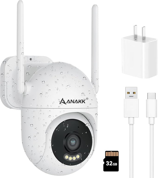 Anakk Outlet Powered Outdoor Security Camera with SD Card, 2.4Ghz/5Ghz WiFi Home Camera, Night Color, 2 Way Audio, 24/7 Recording, Human Detection, Cam for Baby/Nanny/Pet, Waterproof, No Monthly Fee