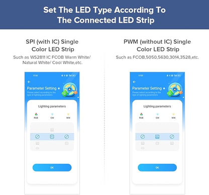 BTF-LIGHTING SP530E WiFi Alexa Bluetooth Controller 4 Zones 2.4GHz Dimming RF RB1 Remote Kit Support FCOB COB SMD PWM or SPI Single Color LED Strip WS2811 IC etc DC5V DC12V DC24V