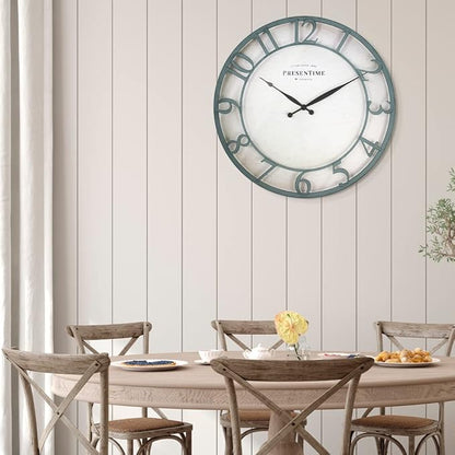 Presentime & Co 21" Farmhouse Series Wall Clock,Vintage Style, Retro Clock, Raised 3D Arabic Numeral, Aged Teal Finish. Wall Décor for Living Room and entryway.