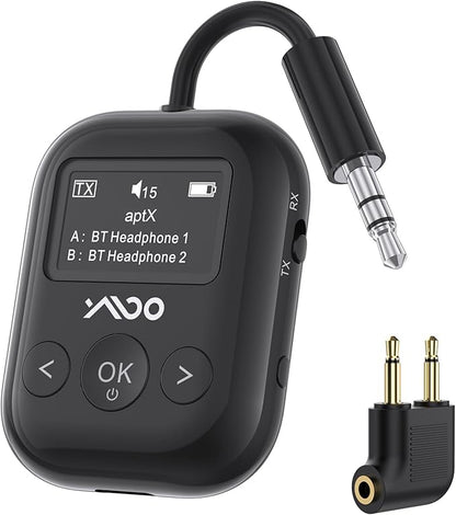 YMOO Bluetooth 5.4 Transmitter Receiver for Airplane, Bluetooth Adapter Supports 2 Headphones/Speakers with aptX Low Latency, 3.5mm Aux Wireless Audio Adapter with Screen for Flight Gym Home Travel