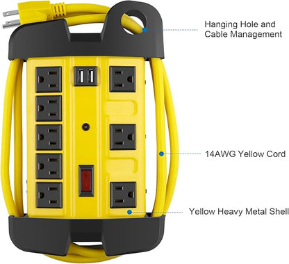Heavy Duty Power Strip with USB, Workshop 8 Outlet Surge Protector 2700 Joules, Industrial Metal 15Amp Power Strip, 12 FT Extension Cord and Wide Spaced.