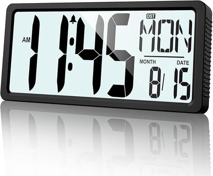 XREXS Large Digital Wall Clock Battery Operated with Backlight, 15" LED Large Display Timer with Temperature Date Week Auto DST Adjustable Brightness, Alarm Clock for Classroom, Livingroom, Office
