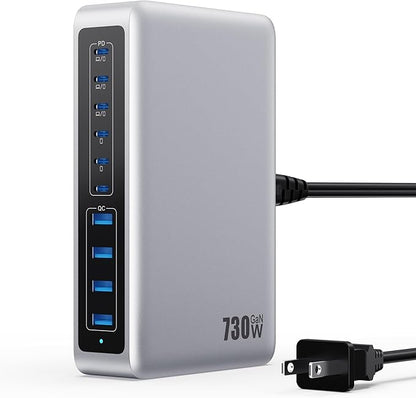 730W USB C Charger Block,10-Ports GaN V Fast Charging Station Hub,QC4.0+3 PD 100W Laptop Charger Wall Power Adapter for MacBook Pro/Air,DELL,iPhone 17/16/15/14,iPad,Galaxy S25,Pixel,Steam Desk-Silver