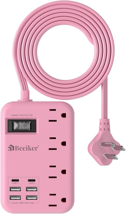 6 USB(2 USB C) Pink Extension Cord- 5Ft Travel Power Strip with 24W USB Charging Station and 4 Outlets, Pink Desk Accessories with Surge Protector for Cute Kawaii Gifts College Dorm Desk