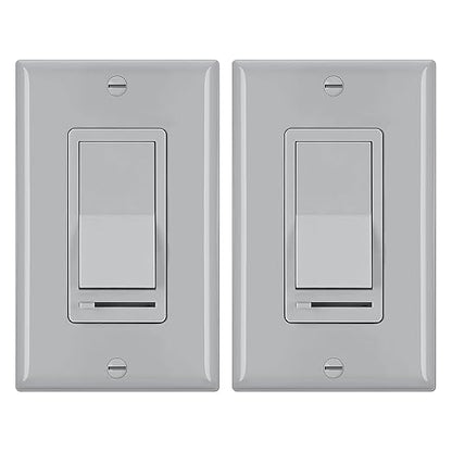 BESTTEN 2 Pack Dimmer Wall Light Switch, Compatible with Dimmable LED, CFL, Incandescent and Halogen Bulb, Single Pole or 3-Way Dimmer Switches, 120VAC, Decorator Wall Plate Included, Gray, UL Listed