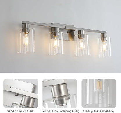 SOPEAS 4 Light Bathroom Light Fixtures, Brushed Nickel Modern Bathroom Vanity Light with Clear Glass Shade, Bathroom Lighting Fixtures Over Mirror, Vanity Lights for Bathroom Mirror