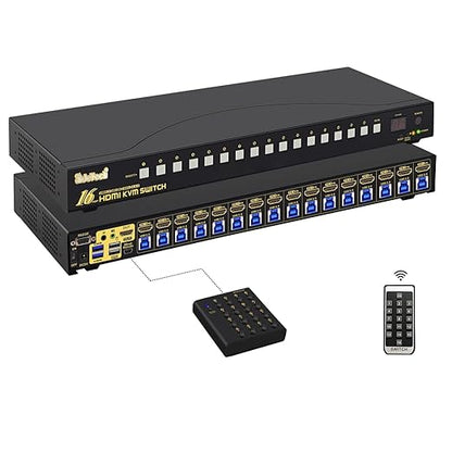 JideTech 16x1 HDMI USB KVM Switch 4K@60Hz with USB 3.0 Hub, Hotkey Switching, HDCP2.1 & Intelligent EDID — Multi System USB Peripheral Sharing for Office/Studio/IT Rack