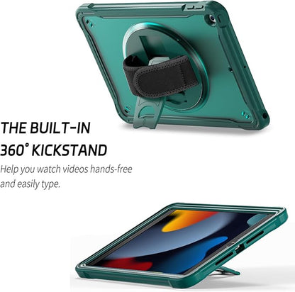 ZenRich Clear Case for iPad 9th/8th/7th Generation 10.2 inch 2021/2020/2019, Shockproof Slim Hard Case with Pencil Holder/360°Rotating Kickstand/Handle/Carrying Strap, MidnightGreen