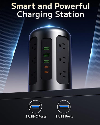 Yegosh Power Strip Tower Surge Protector with 12 AC Outlets & 5 USB Ports (2 USB C), 5 Feet Extension Cord with Multiple Outlets, Keyhole Slots, Charging Station Desk Supplies for Home Office Dorm