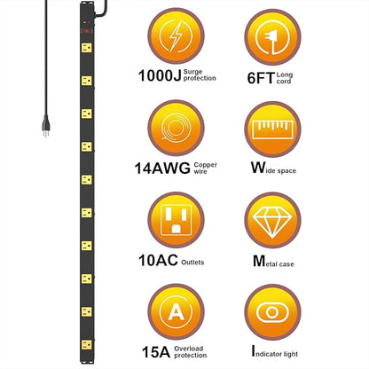 10 Outlet Surge Protector, Long Metal Wide Spaced Garage Industrial Power Strip, Heavy Duty with 6 FT Cord, 15A, 125V, 1875W, 2700 Joules, 2Pack, SGS Listed