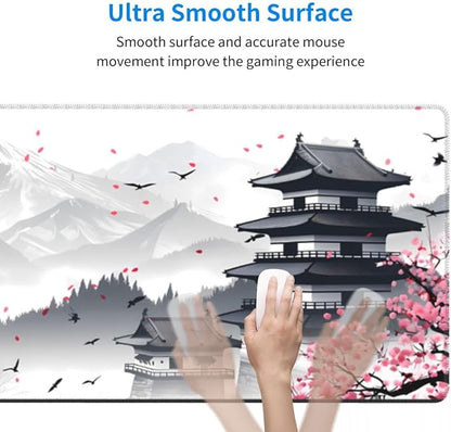 CANFLASHION Desk Pad,Office Desk Mat 31.5"×11.8"Large Gaming Mouse Pad,Durable Extended Computer Mouse Pad,Waterproof Thick Big Mouse Pads with Non-Slip Rubber Base Office Home Japanese Castle Cherry