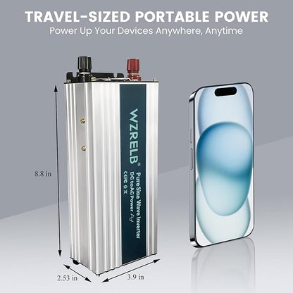 WZRELB 1000W Pure Sine Wave Inverter 24V DC to 110V 120V AC Power Converter with LED Display, Off-Grid Portable Power Inverter with 2 AC Outlets for Home, RV, Truck, Camping