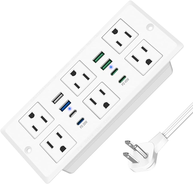 VILONG 14 in 1 Recessed Power Strip with PD 45W USB-C, Flush Mounted Drawer Outlet, 6 Outlets & 8 USB Ports, 45° Flat Plug, 6FT Extension Cord, Conference Desktop Built in Power Strip(White)
