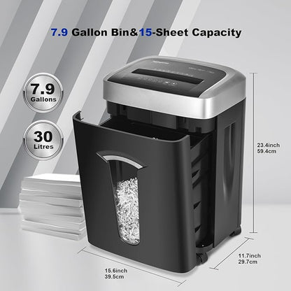 Wingwise 120-Minute Paper Shredder - 15-Sheet Capacity, 30L（7.9 Gallon） Bin, 58dB Quiet Operation, P4 Cross-Cut Heavy-Duty Shredder for Home & Office Use
