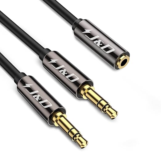J&D 1/8 Inch TRS Stereo Y Splitter Cable, Gold Plated Copper Shell 3.5mm Female to Dual Male Adapter, Only Suitable for Switching, 6.6 Feet