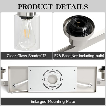 DIKAIDA Brushed Nickel Bathroom Vanity Light, 12 Light Brushed Nickel Bathroom Lighting fixtures Over Mirror, Brushed Nickel Bathroom Vanity Lights Wall Lighting for Mirror Bedroom, Living Room