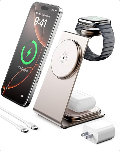 Intoval 3 in 1 Wireless Charging Station for Magsafe, Magnetic Charger for iPhone 16 15 14 13 12 Pro Max, Wireless Charger for Apple Watch 10 Ultra SE 9 8 7 6, for AirPods 4 Pro 2 3 (Desert)