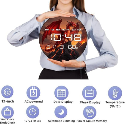 Timethink 12'' Red Fire Dragon Digital Wall Clock LED Display, Fantasy Medieval Gothic Decor Electric Wall Clock with Temperature, 12/24hr, Date, Auto-Brightness, USB Powered for Bedroom Living Room