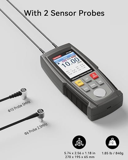 Wintact Digital Ultrasonic Thickness Gauge, Range 0.039 to 11.81 in with Probe for Measuring Metal and Nonmetal Materials, Steel, Cylinder Wall, Plastic, Glass, PVC, Pipes