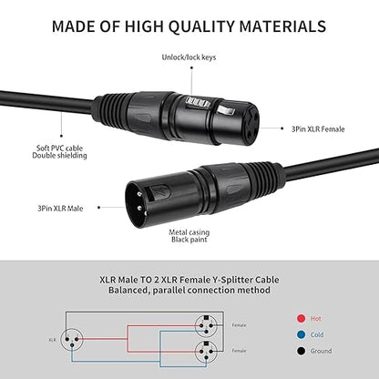 2 Pack XLR Splitter Cable,1 Maleto 2 Female, 5FT Stereo Mic to L&R Audio Y-Splitter Cable