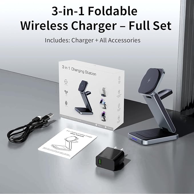 3 in 1 Magnetic Wireless Charger Station for iPhone 16/15/14/13/12 Series Mag-Safe Charging Station for Apple Watch Series 10-2/Ultra2/1/SE Foldable Wireless Charger for AirPods 4 3 2 1 Pro