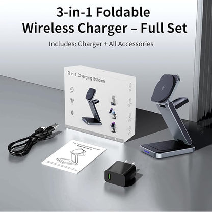 3 in 1 Magnetic Wireless Charger Station for iPhone 16/15/14/13/12 Series Mag-Safe Charging Station for Apple Watch Series 10-2/Ultra2/1/SE Foldable Wireless Charger for AirPods 4 3 2 1 Pro