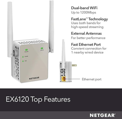 NETGEAR WiFi Range Extender (EX6120) - Add up to 1,500 sq. ft., 25 Devices - AC1200 Dual Band Wireless Signal Extender (Up to 1.2 Gbps Speed), Compact Wall Plug Design – Free Expert Help