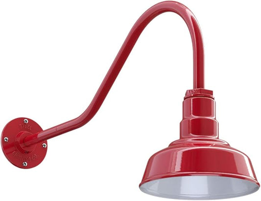 Steel Lighting Co. Hawthorne Barn Light | Outdoor Wall Mounted | 8 inch Dome | 23 inch Gooseneck| Small Farmhouse Light Made in America | Red Exterior/White Interior