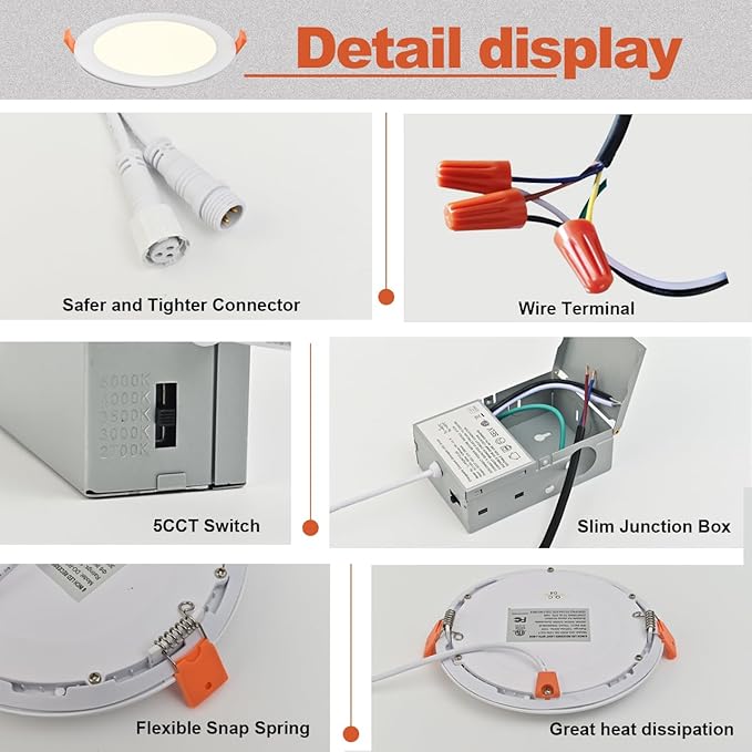 MKUJOO 48 Pack 4 Inch Ultra-Thin LED Recessed Ceiling Light with Junction Box,Panel Light,Daylight, 9.5W,2700K/3000K/3500K/4000K/5000K Selectable Dimmable Downlight ETL&FCC&CE Energy Star Certified