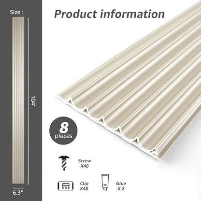 Art3dwallpanels Slat Wall Paneling, 104'' x 6.3'' Glossy Metal Finish WPC Soundproof 3D Wall Panels for Interior Wall Decor, 8 Pack Wavy Grain Panel Wall Slats, Champagne Silver