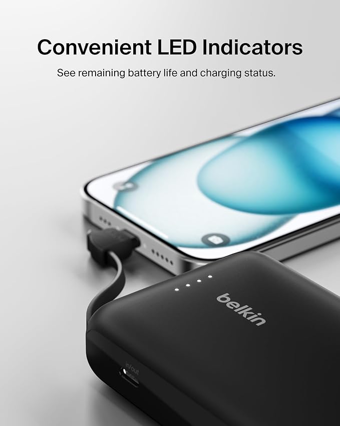 Belkin Portable Charger, Power Bank 10000 mAh w/Integrated Cable - 20W Fast Charge USB-C Power Delivery, iPhone Charger - Apple iPhone 17, Air, Pro, Pro Max, iPad, Samsung Galaxy S25, & More - Black