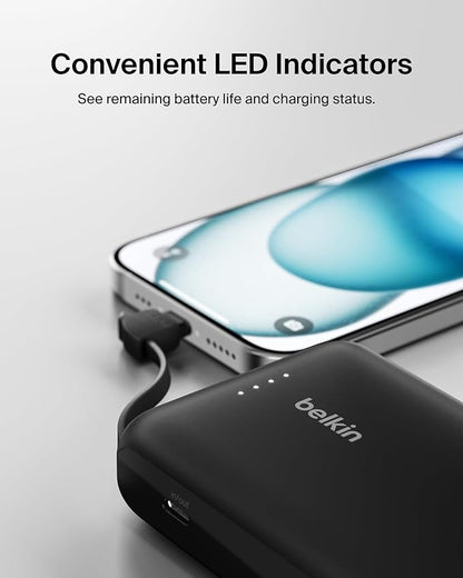 Belkin Portable Charger, Power Bank 10000 mAh w/Integrated Cable - 20W Fast Charge USB-C Power Delivery, iPhone Charger - Apple iPhone 17, Air, Pro, Pro Max, iPad, Samsung Galaxy S25, & More - Black