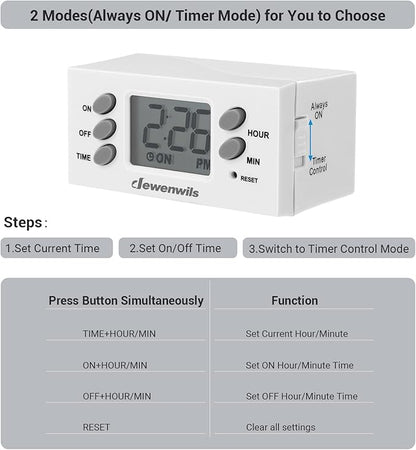 DEWENWILS 24 Hour Outlet Timer, 125V 15A 1000W Timers for Electrical Outlets, 1 Polarized Outlet, Digital Light Timer for Indoor Lamp, Fan, Aquarium, 1/2 HP, 2 Pack, UL Listed