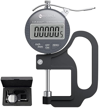Neoteck Digital Thickness Gauge 1inch/25.4mm,0.00005inch/0.001mm LCD Display with Inch/MM Conversion One-Hand Quick Press Thickness Measuring Tool for Leather Paper Fabric Film etc.-Silver-Grey