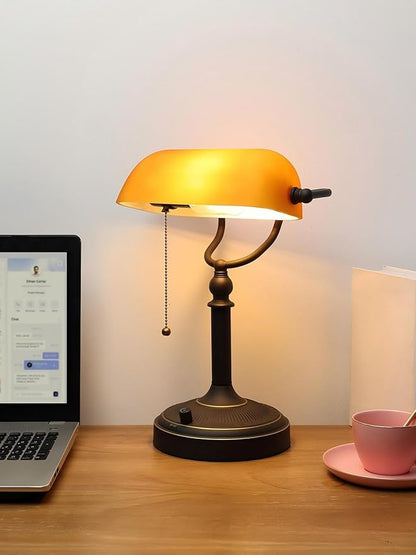 Newrays Matted Amber Glass Bankers Desk Lamp, Stepless Dimmable Table Lamp Plug in Fixture for Study, Home Office,Library, LED Bulb Included