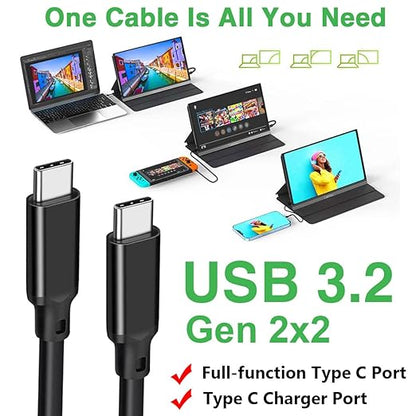 10FT USB-C 3.2 Gen 2×2 Display Monitor Video Link Data Transfer Cable for Lepow Z1 15.6 In, InnoView, ASUS ZenScreen, KYY, Cocopar, Arzopa, AOC, Type-C High Speed Portable Monitor Charger Power Cord