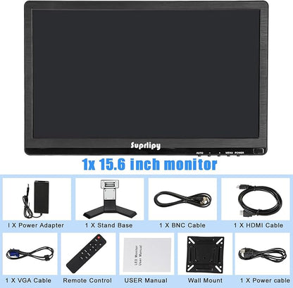 Suprlipy 15.6 inch FHD Small IPS Monitor LCD Display Screen 1920x1080 60Hz 16:9 with BNC VGA AV Input Built-in Lounspeakers for CCTV Security Camera DVR PC RasPi