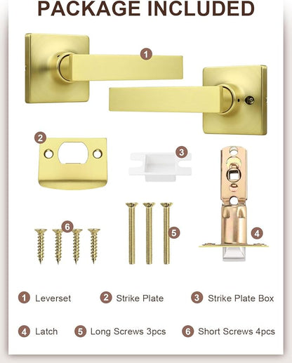 Mengico 5 Pack Passage Door Levers Gold Finish, No-Locking Keyless Square Door Knob, Interior Door Handles for Closet and Hallway, Reversible for Left & Right Handed