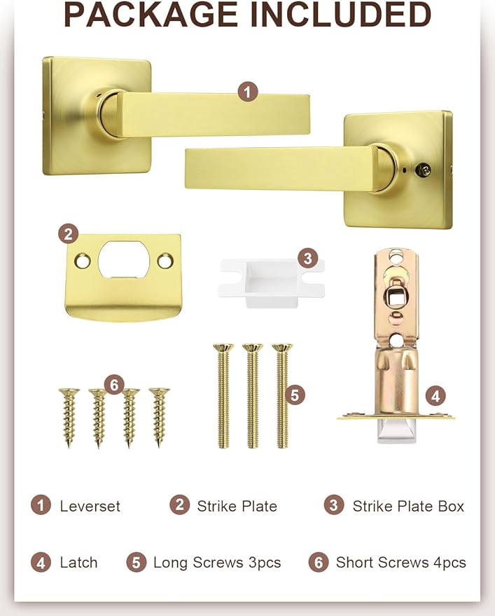 Mengico 10 Pack Passage Door Levers Gold Finish, No-Locking Keyless Square Door Knob, Interior Door Handles for Closet and Hallway, Reversible for Left & Right Handed