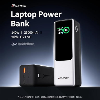 Reletech 140W Portable Fast Charger 25000mAh with LG 21700 Battery, 3-Port Laptop Fast Power Bank Smart Display for Travel, Compatible with MacBook Pro, iPhone 17/16, ipad.（G-ZeroFear）