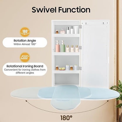 Ropoana Wall Mount Ironing Board Cabinet, Built-in Swivel Ironing Board Foldable with Storage, Wall Hanging with Mirror, Foldable Iron Storage Station for Home, Apartment, Checkrooms, White